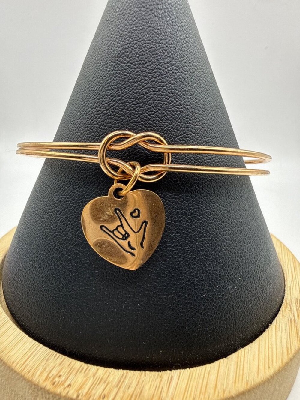 Gold Tone ASL I Love You Sign Language Heart Wire Cuff Knot Bracelet Boho